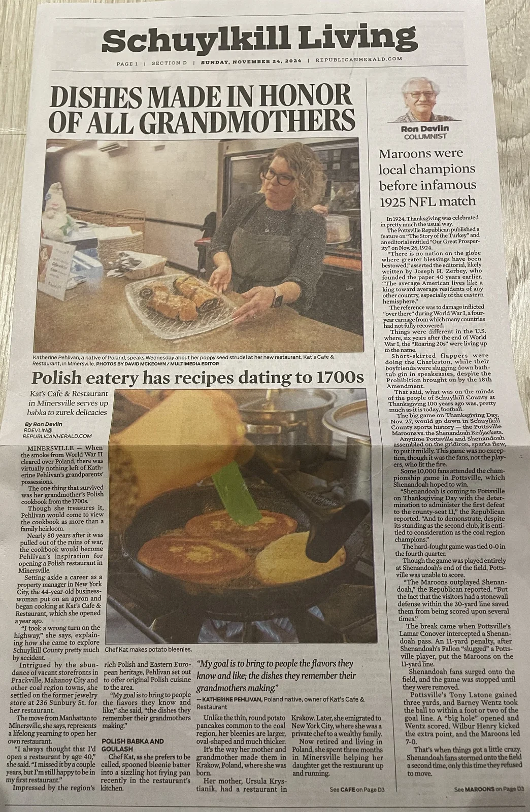 Republican Herald Schuylkill Living feature about Kat’s Café & Restaurant, titled “Dishes Made in Honor of All Grandmothers.”
