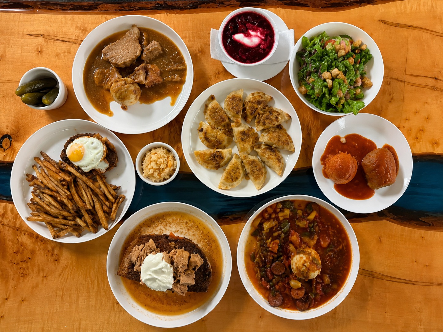 Authentic Polish dishes including pierogies, borscht, goulash, schnitzel, kielbasa, stuffed cabbage, salad, and homemade comfort food at Kat's Café & Restaurant in Minersville, Pennsylvania.
