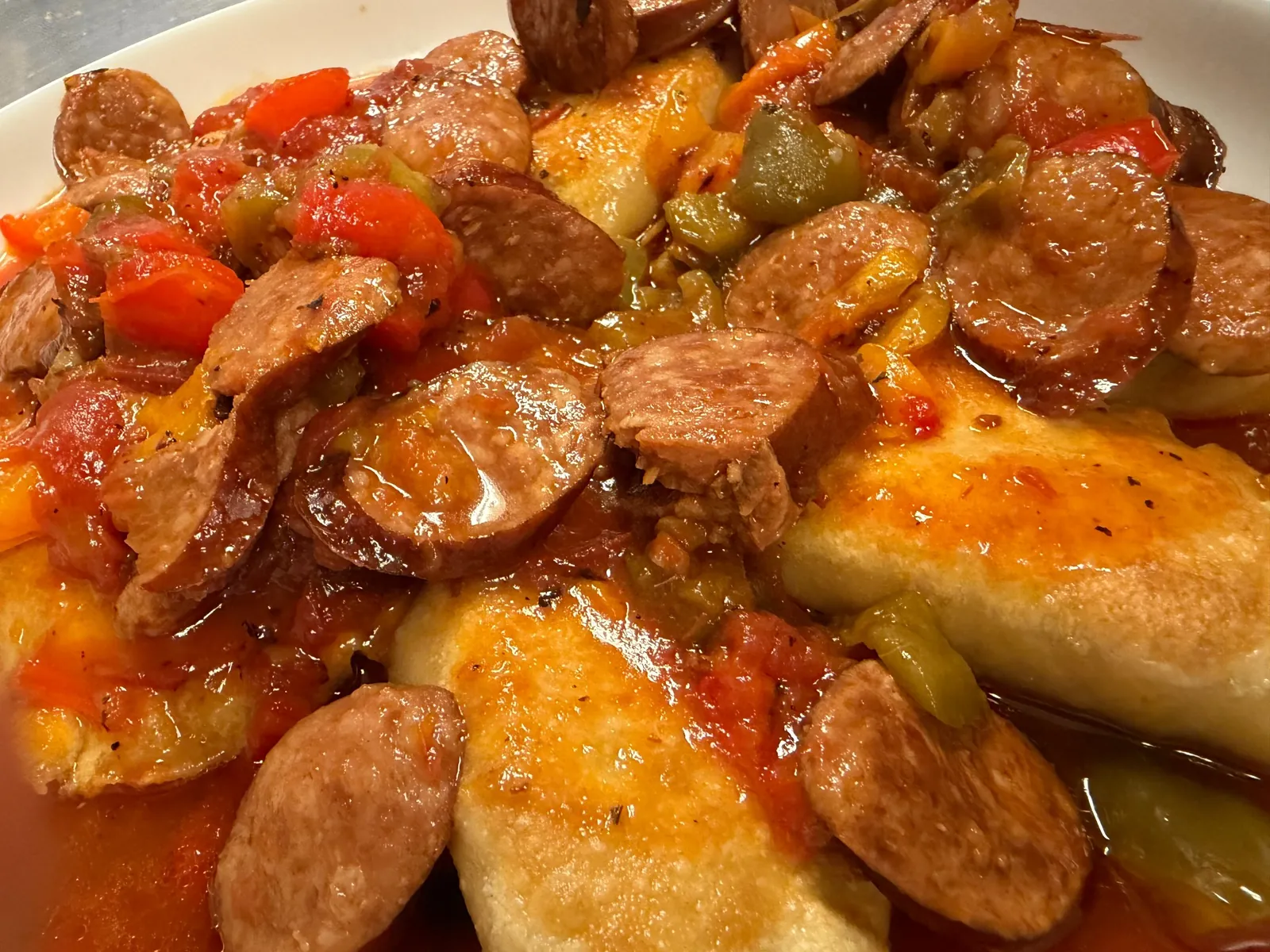 Pierogies topped with kielbasa, peppers, and house letcho sauce at Kat’s Café & Restaurant.