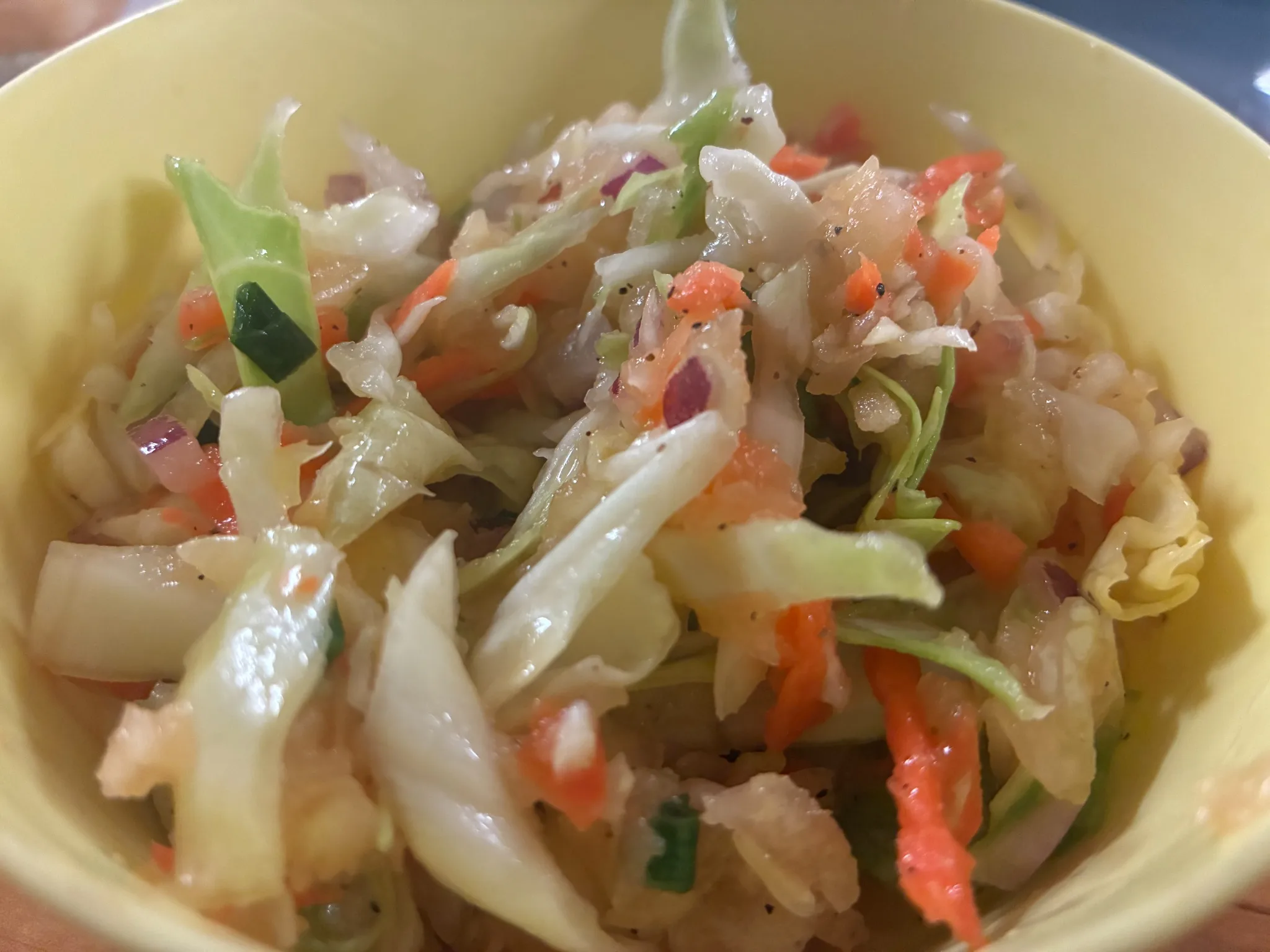 Bowl of lightly dressed cabbage slaw with carrot and onion at Kat’s Café & Restaurant.