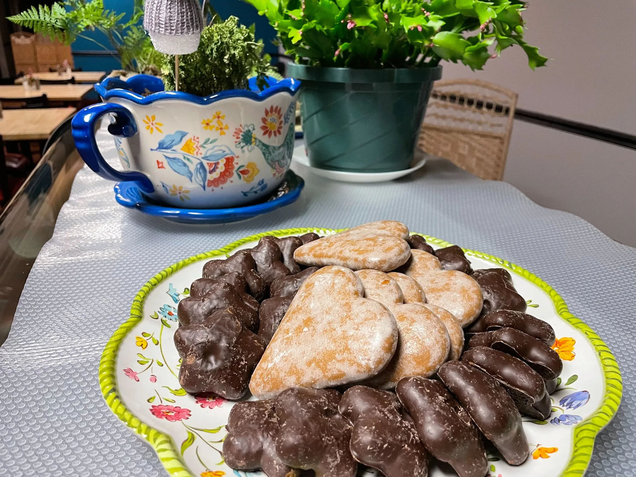 Platter of chocolate-dipped cookies and heart-shaped glazed cookies at Kat’s Café & Restaurant.