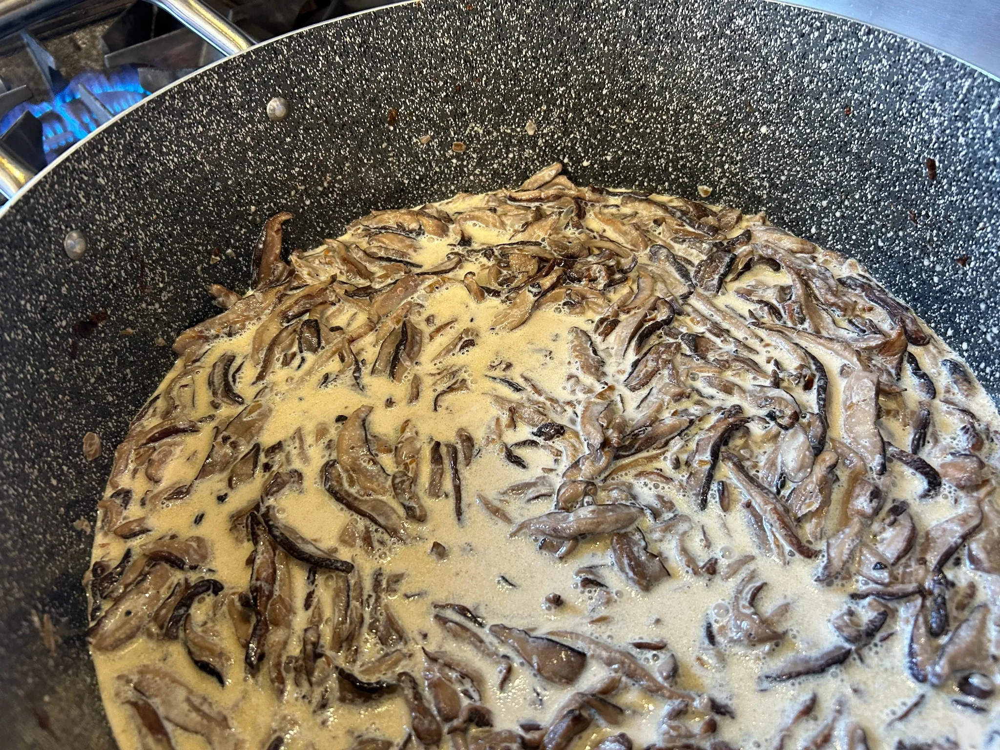 Creamy wild mushroom sauce in a black pot simmering on the stove in the kitchen at Kat’s Café & Restaurant.