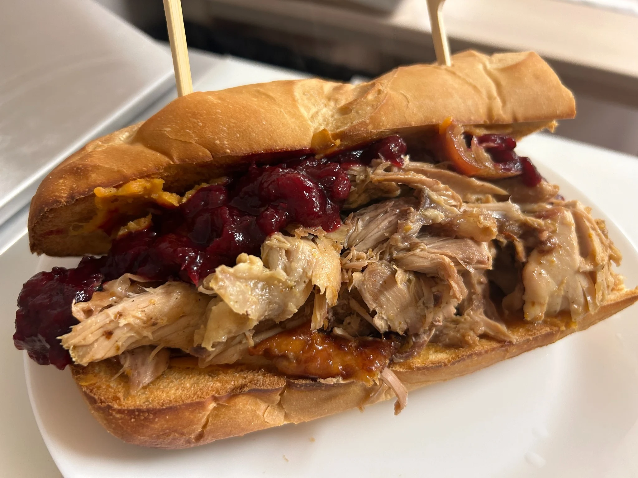 Thanksgiving turkey sub at Kat’s Café & Restaurant filled with roasted turkey, cranberry sauce, gravy, and sweet potato.