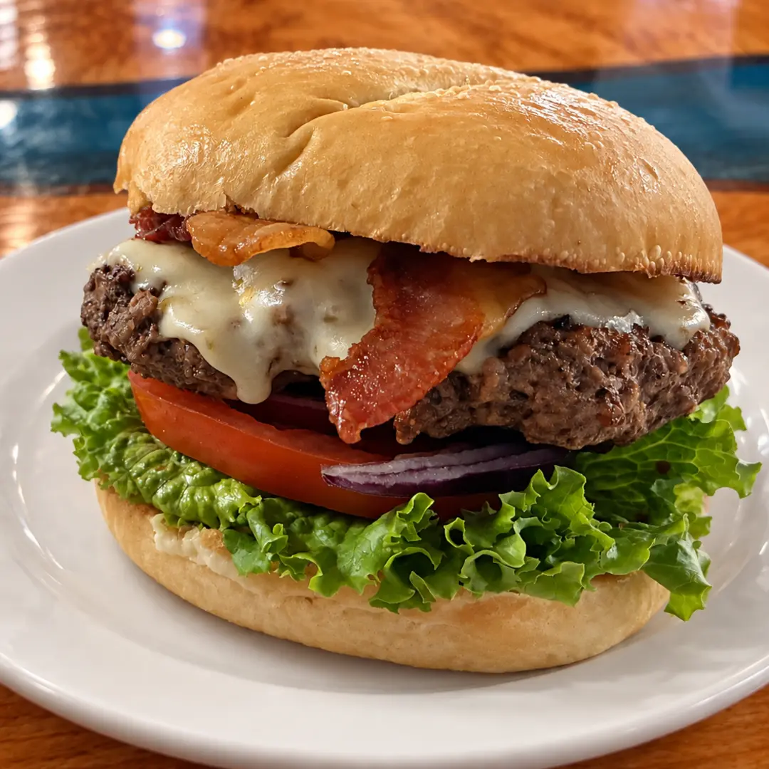 Bacon cheese smash burger at Kat’s Café & Restaurant with melted cheese, crisp bacon, lettuce, tomato, mayonnaise, and red onion on a toasted bun.