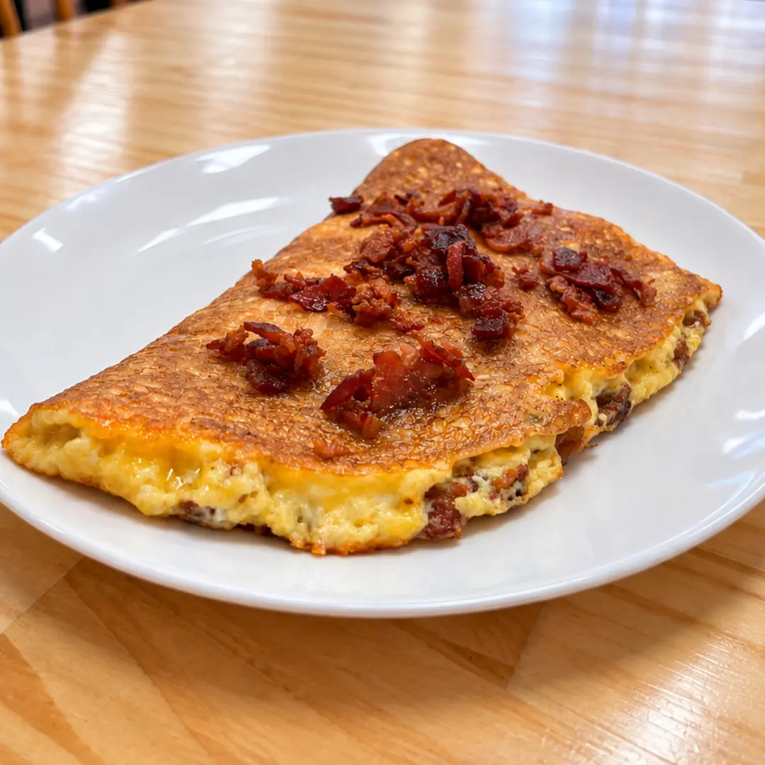 Golden-brown breakfast crepe at Kat’s Café & Restaurant filled with eggs, bacon and melted cheese and topped with crisp bacon.