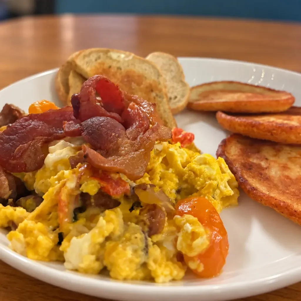 Scrambled eggs with cherry tomatoes and bacon, served with toast and golden potato bleenies at Kat’s Café & Restaurant.