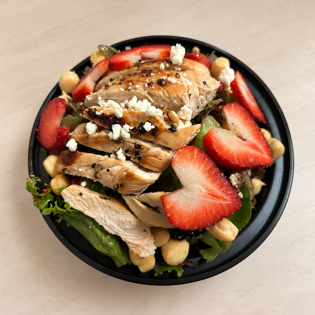 Chicken Nuts ’n Berries Salad at Kat’s Café & Restaurant with sliced grilled chicken, fresh strawberries, mixed greens, crunchy nuts, and crumbled cheese.