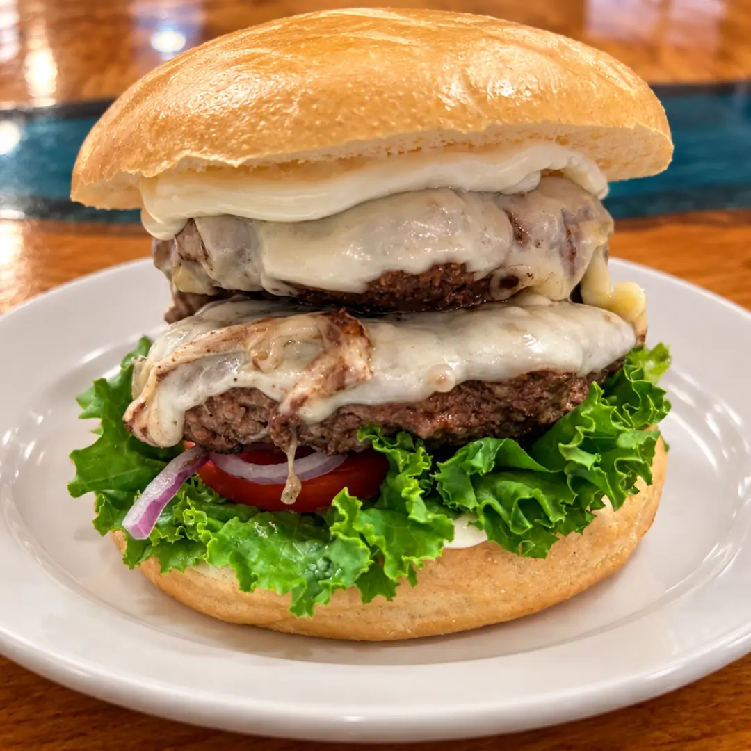 Double Smash Burger at Kat’s Café & Restaurant with two beef patties, melted cheese, lettuce, tomato, mayonnaise, and red onion on a toasted bun.