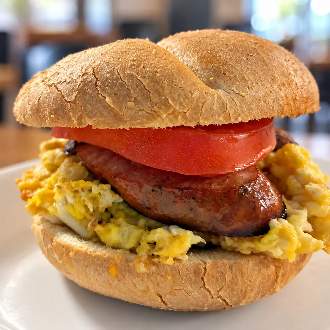 Kielbasa & Egg Sandwich at Kat’s Café & Restaurant with scrambled eggs, grilled Polish kielbasa, and fresh tomato on a roll.