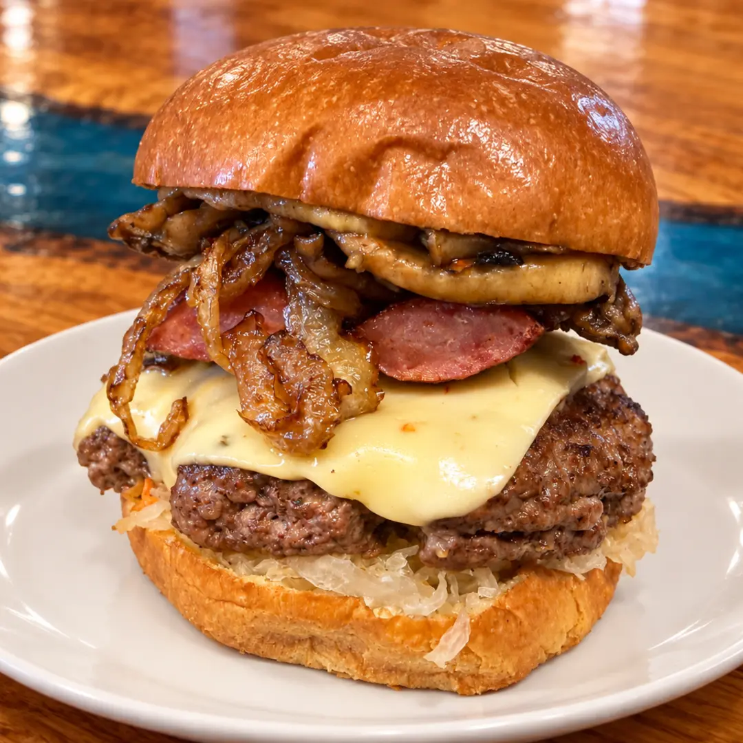 Kielbasa Smash Burger at Kat’s Café & Restaurant with smash beef patty, grilled Polish kielbasa, caramelized onions, Slavic mustard, and homemade sauerkraut on a toasted bun.